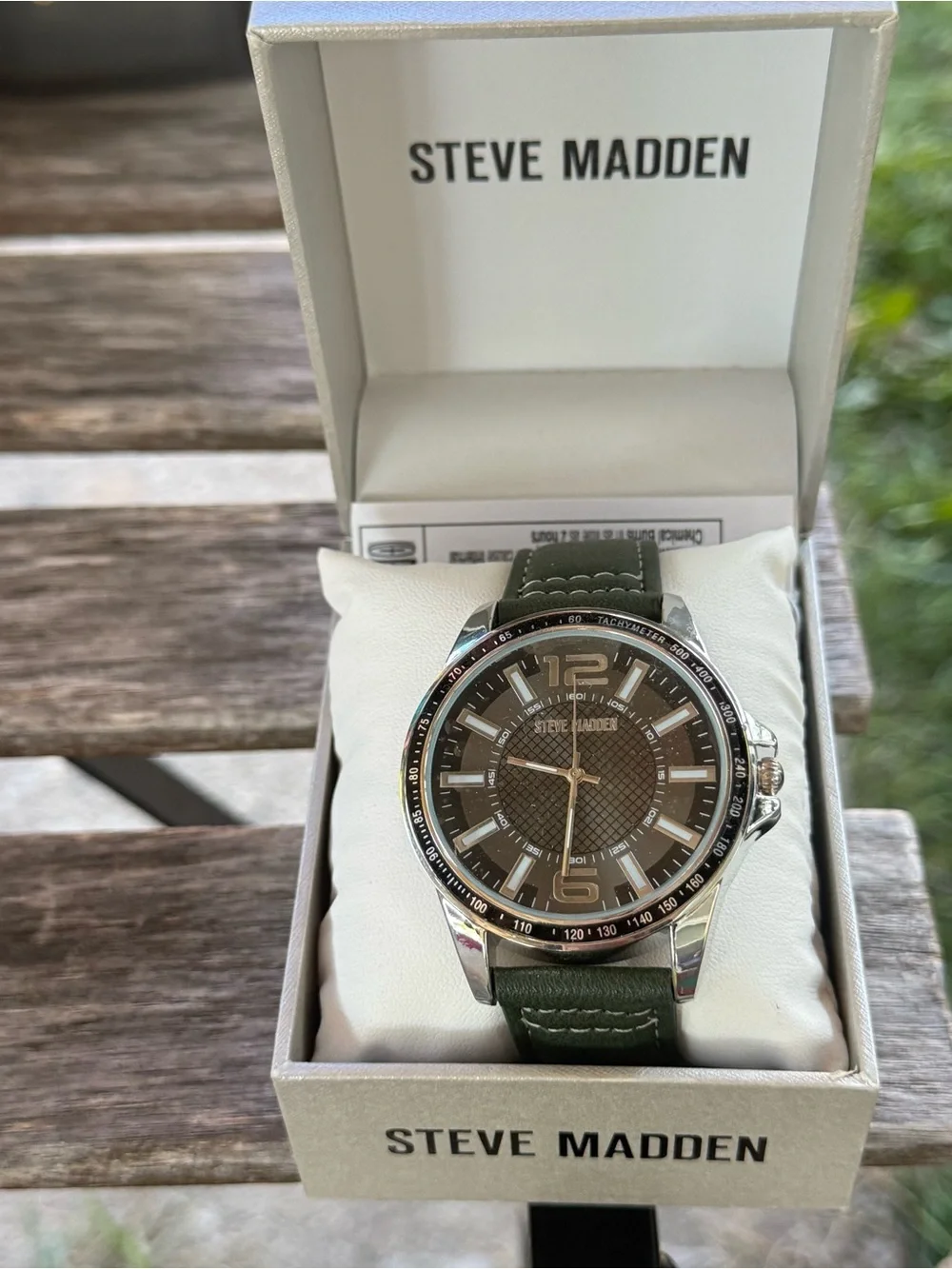 Steve Madden Green Leather Strap Men's Watch with Silver Case